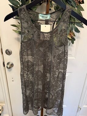 NWT Shindig Gray Floral Full Lace Sheer Tank Top S/M S M